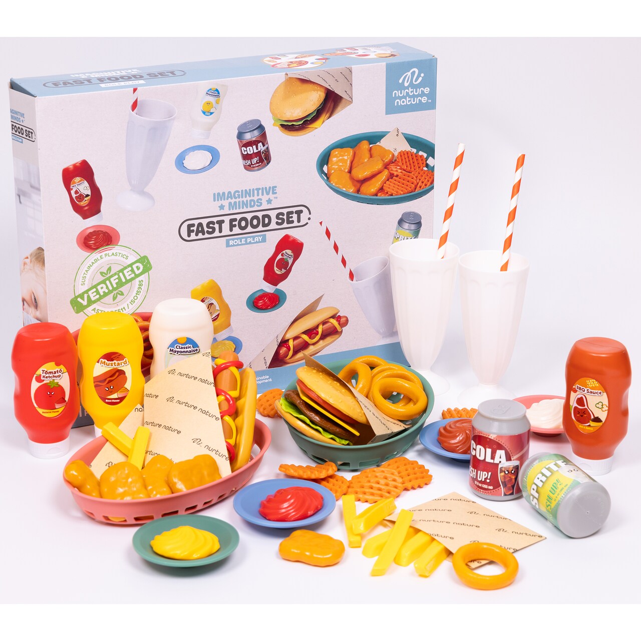 NurtureNature: Imaginative Minds - Fast Food Set - 56pc Toy Food, Burger, Fries, Hot Dog, Soda, Condiments, Kitchen Pretend Play Accessories, Kids 3+